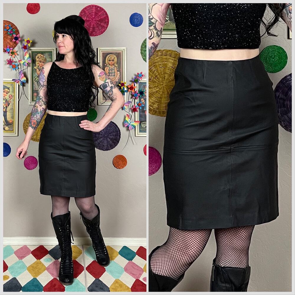 Vintage Y2K Black Leather Mini Pencil Skirt